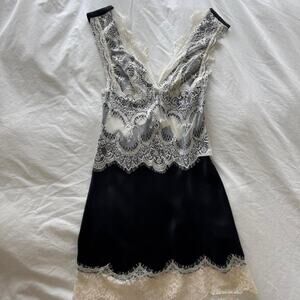 Third form black white lace slip minidress with white lace trim